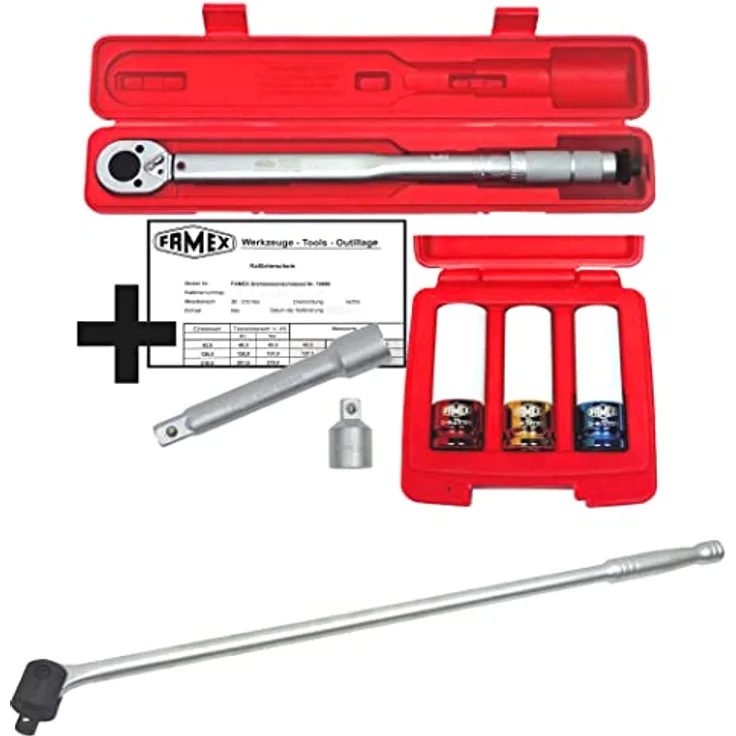 FAMEX 10905 Drehmomentschlüssel Auto Reifenwechsel Radwechsel Set 1/2 Zoll (12,5mm) - 30-210 Nm - Sparset inkl. Spezial Einsätze für Radschrauben - Radwechsel Satz mit Gelenk-Drehgriff