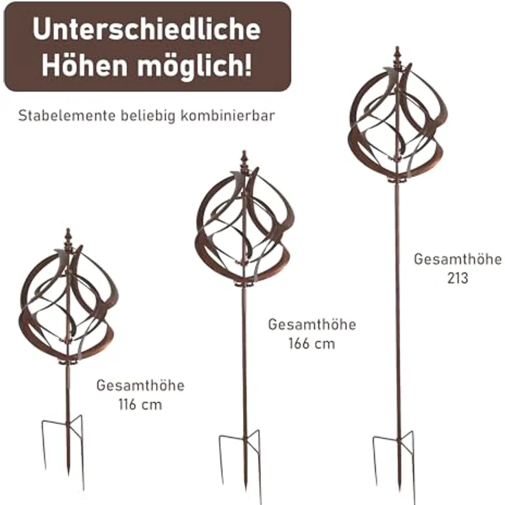 Lemodo Großes Windspiel aus Metall mit gegenläufigen Rotoren, Gartendeko in 3 Höhen aufbaubar, Gartenstecker 213 cm hoch, Windmühle in Kupferoptik, Windskulptur mit Charme - Preisvergleich – Bild 2