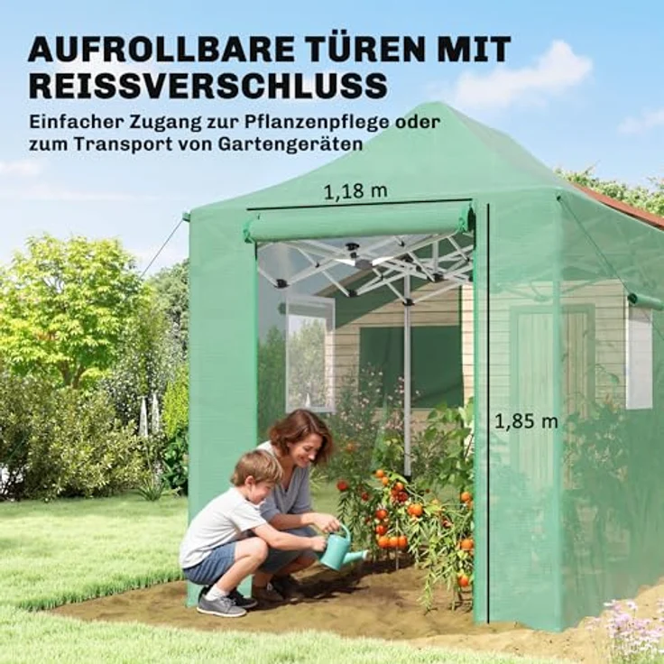 Outsunny Faltbares Gewächshaus 300x270x200 cm, PE Foliengewächshaus mit Satteldach, aufrollbaren Reißverschlusstüren und -fenstern, stabiles Pflanztunnel in Grün – Bild 5