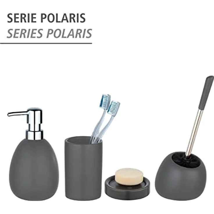 WENKO WC-Garnitur Polaris, hochwertiger Toilettenbürstenhalter aus edler Keramik, für Bad & Gäste-WC, inklusive Toilettenbürste mit auswechselbarem Bürstenkopf Ø 8 cm, 17 x 34,5 x 14,5 cm, Grau matt – Bild 5