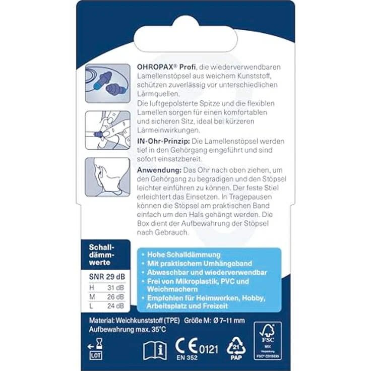 OHROPAX Profi Ohrstöpsel, Gehörschutz mit soften Lamellen, Schalldämmwert SNR 29 dB, wiederverwendbar mit Umhängeband, ideal für Heimwerken und Arbeitsplatz, 1 Paar – Bild 5