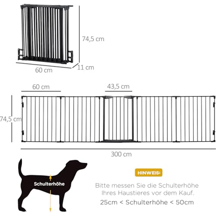 PawHut Welpenauslauf 2 in 1 Klappbares Absperrgitter für kleine und mittelgroße Hunde, 300 x 74,5 cm, Metall, Schwarz – Bild 5