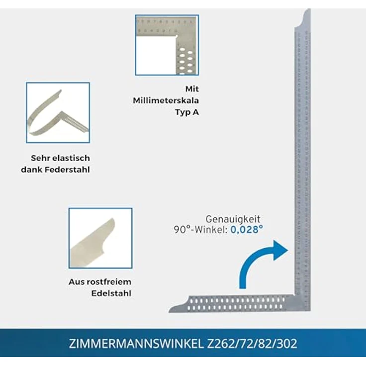 hedue Z282 Zimmermannswinkel ZN 800 mm mit mm-Skala Typ A und Anreißlöcher – Bild 4