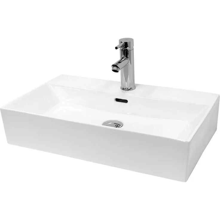 ECD Germany Waschbecken 605x365x130 mm, Keramik in Weiß, inkl. Ablaufgarnitur mit Überlauf und Push-Open-Technologie