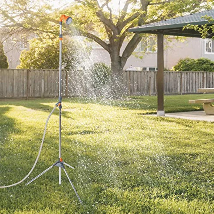 ONVAYA Gartendusche mit Stativ & Erdspieß, höhenverstellbar, silber/grau/orange, Pooldusche bis 225 cm – Bild 7