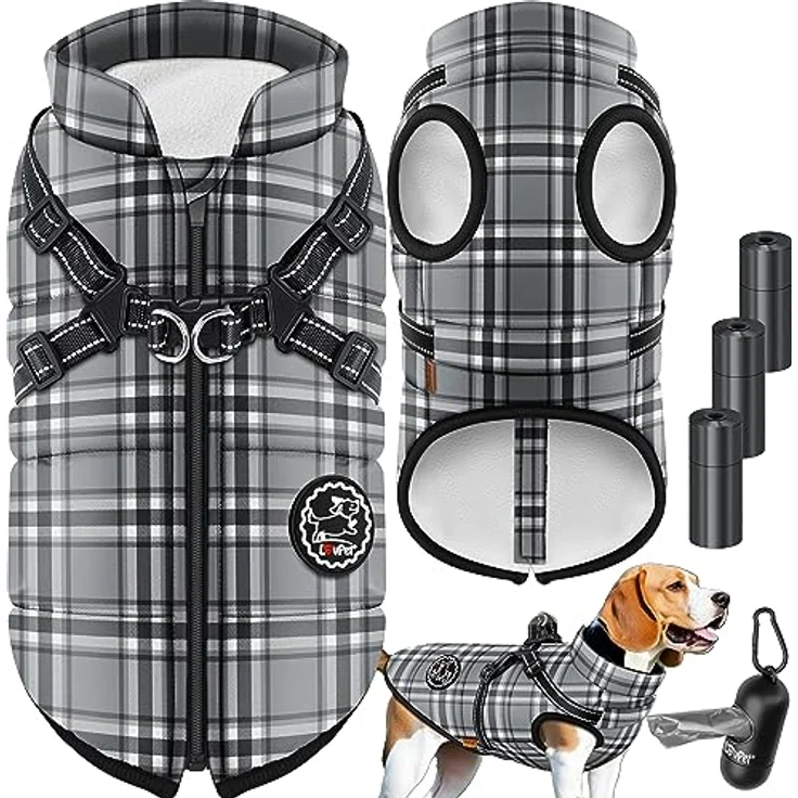 LOVPET® Hundejacke Hundemantel mit Geschirr, inkl. 45 Stück Kotbeutel + Spender, Hunde Winterweste gefüttert wasserdicht, Gepolsterte Weste Mit Brustgurt, Reflektoren, D-Ring 5XL, Grau – Bild 1