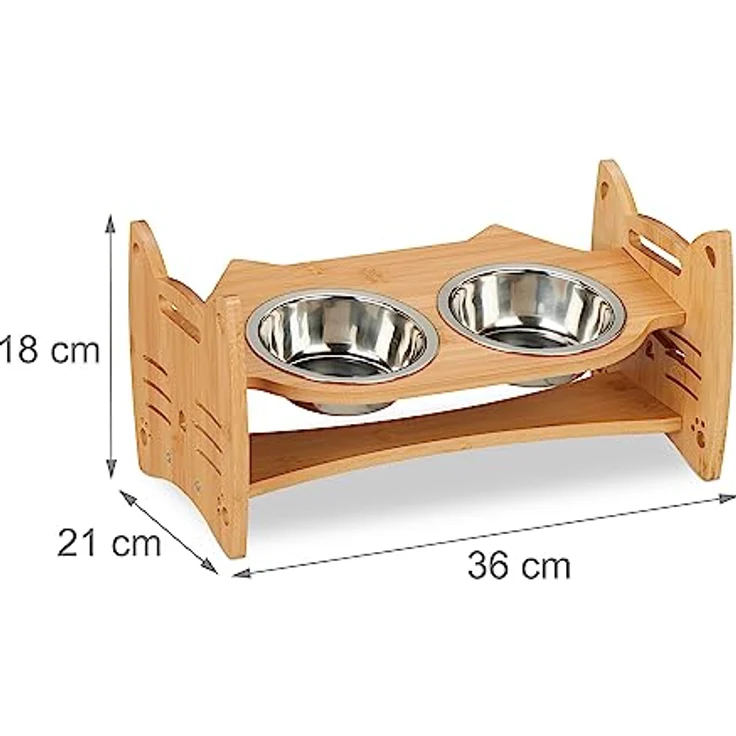Relaxdays Futterstation Bambus, für Katzen & kleine Hunde, HBT: 18 x 36 x 21 cm, Napfständer mit 2 Näpfen, Natur/Silber – Bild 4