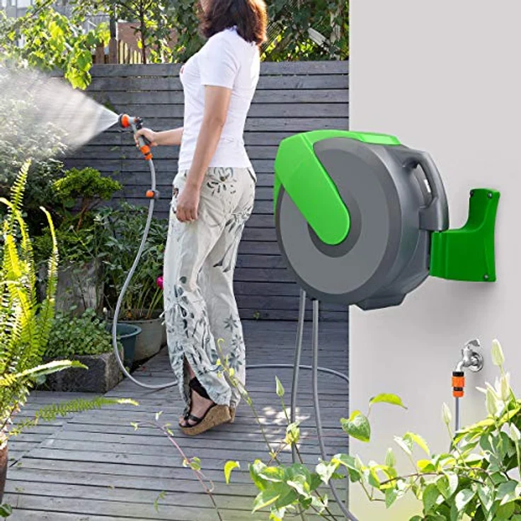 GARDEBRUK Schlauchtrommel 20m 2m Schlauchaufroller Automatik Wasser 180 Grad Schwenkbar Gartenschlauch Multi-Handbrause – Bild 2