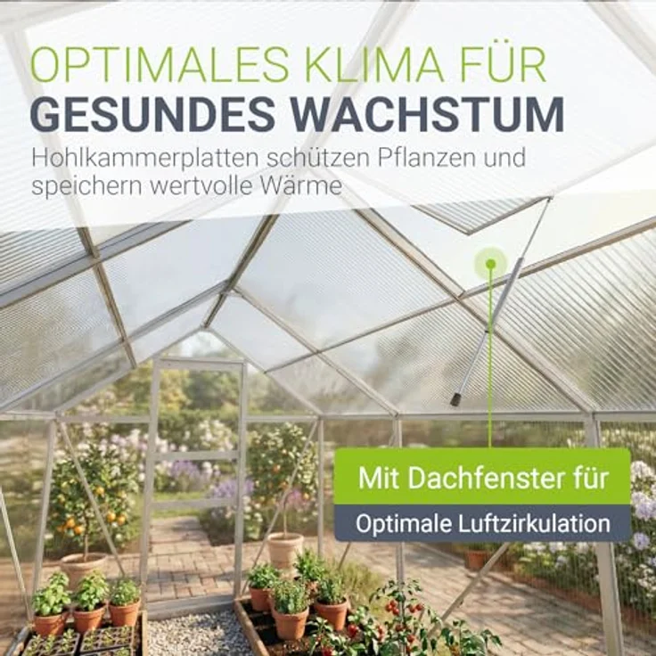 JUSKYS® Gewächshaus 3,6 m² - Aluminiumgestell mit Stahlfundament, UV-beständig, abschließbare Schiebetür, belüftbare Dachfenster 61x57 cm – Bild 3