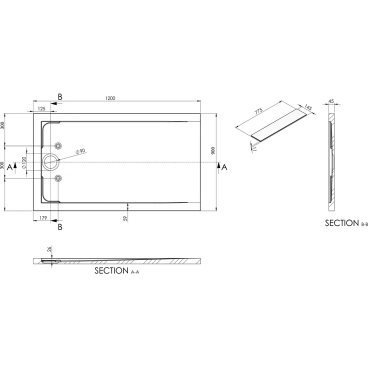 NEXTREND Duschtasse Duschwanne New York, Steinoptik in Weiß matt, inkl. Dallmer-Ablauf Orio, 90x120cm, rutschhemmend und hygienisch reinigbar
