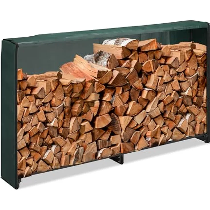 Relaxdays Kaminholzregal mit Abdeckung, aus Eisen, HBT: 110x200x29 cm, für Holz ab 25 cm, schwarz/grün