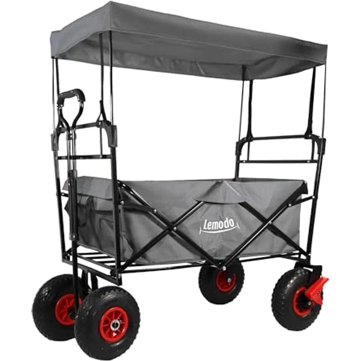 Lemodo Bollerwagen mit Luftreifen, faltbar, 120 kg Tragkraft, Dach, abnehmbarer grauer Bezug, ideal für Camping & Strand – Bild 1