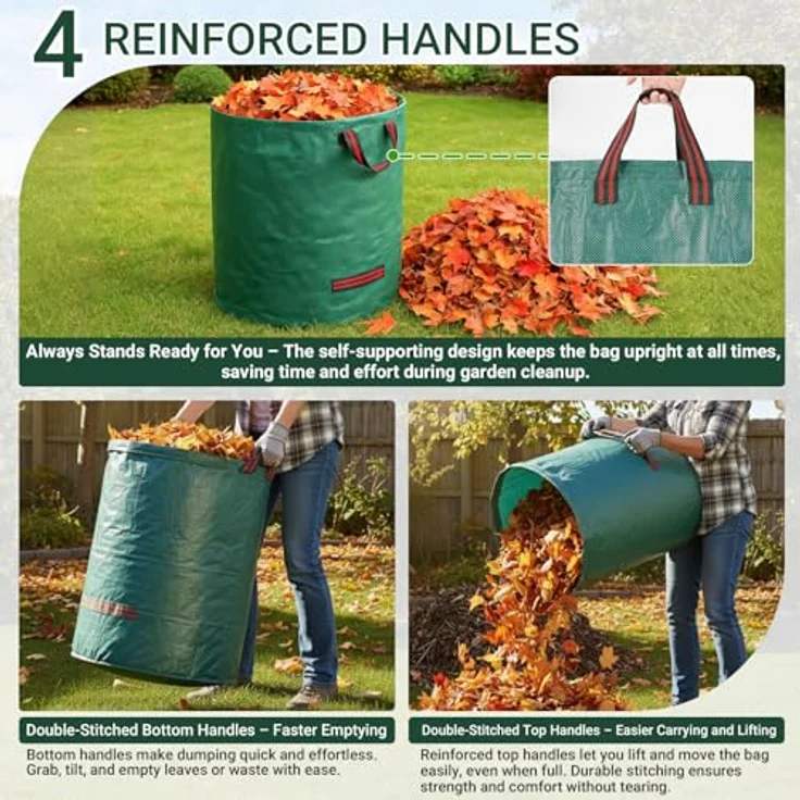 Velway Gartensack 2x500L, stabil selbststehend mit 4 Griffen, robust & wasserdicht, wiederverwendbar & faltbar für Grünschnitt, Laub, Rasenschnitt, Gartenabfälle – Bild 4