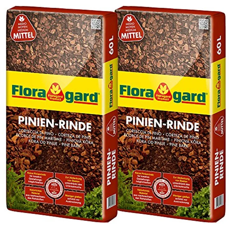 Floragard Mulch Pinienrinde 15-25 mm, dekorativer Bodenbelag, 2x60 L, naturbelassen, unterdrückt Unkrautwuchs, für mediterranes Flair, 120 L