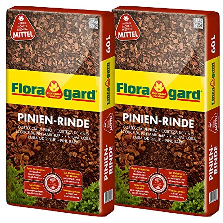 Floragard Mulch Pinienrinde 15-25 mm, dekorativer Bodenbelag, 2x60 L, naturbelassen, unterdrückt Unkrautwuchs, für mediterranes Flair, 120 L – Bild 1