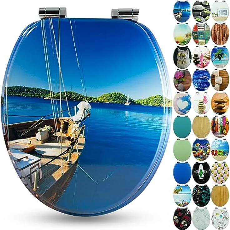 Sanfino WC Sitz Boat Toilettendeckel aus Holz, blau mit Absenkautomatik und verchromten Metallscharniere – Bild 1