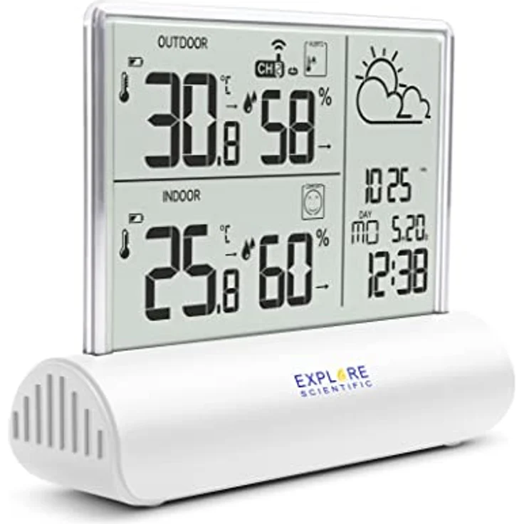 Explore Scientific WSH4501 Wetterstation mit Klarglas-Display, Temperatur- und Luftfeuchtigkeitsmessung innen und außen, einschließlich Sensor, weiß – Bild 2