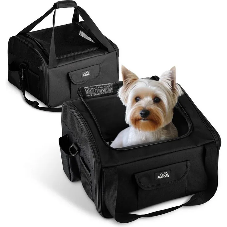 Fellnase Tiertransporttasche Hundebox Transporttasche Transportbox, faltbar für Fellnasen bis 12 kg, mit Trageriemen und 4 Fächern, blau