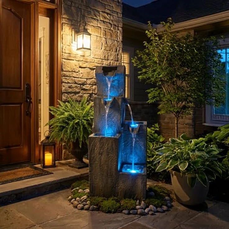 Köhko Gartenbrunnen mit LEDs, stufige Wasserfall-Design, wetterfest, 30,5cm x 32,5cm x 81cm – Bild 4