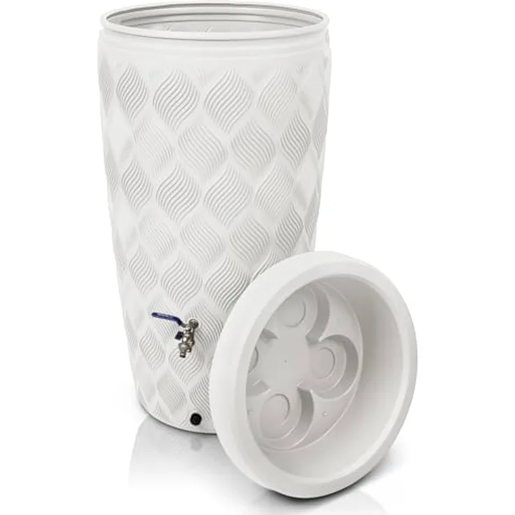 YourCasa Regentonne 240 Liter [Seabreeze] Kunststoff mit Wasserhahn - Regenwassertonne für Garten (Weiss mit Wasserhahn)