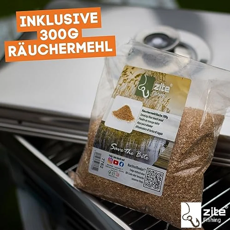 Zite Fishing Tischräucherofen Edelstahl mit Thermometer, inkl. 300 g Räuchermehl Buche – mobiler Smoker für Fisch, Fleisch und Käse – Bild 3