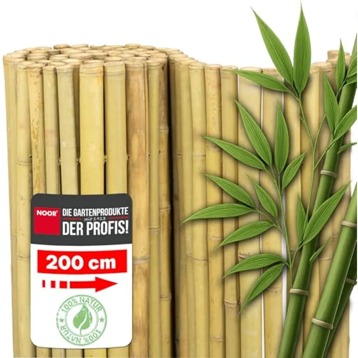 NOOR Bambusmatte Deluxe, Natürlicher Sichtschutz aus 40 mm ⌀ naturbelassenem Bambus, wetterfest, 200 x 200 cm für Balkon, Terrasse & Garten