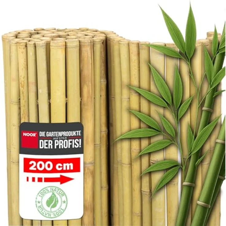 NOOR Bambusmatte Deluxe, Natürlicher Sichtschutz aus 40 mm ⌀ naturbelassenem Bambus, wetterfest, 200 x 200 cm für Balkon, Terrasse & Garten – Bild 1