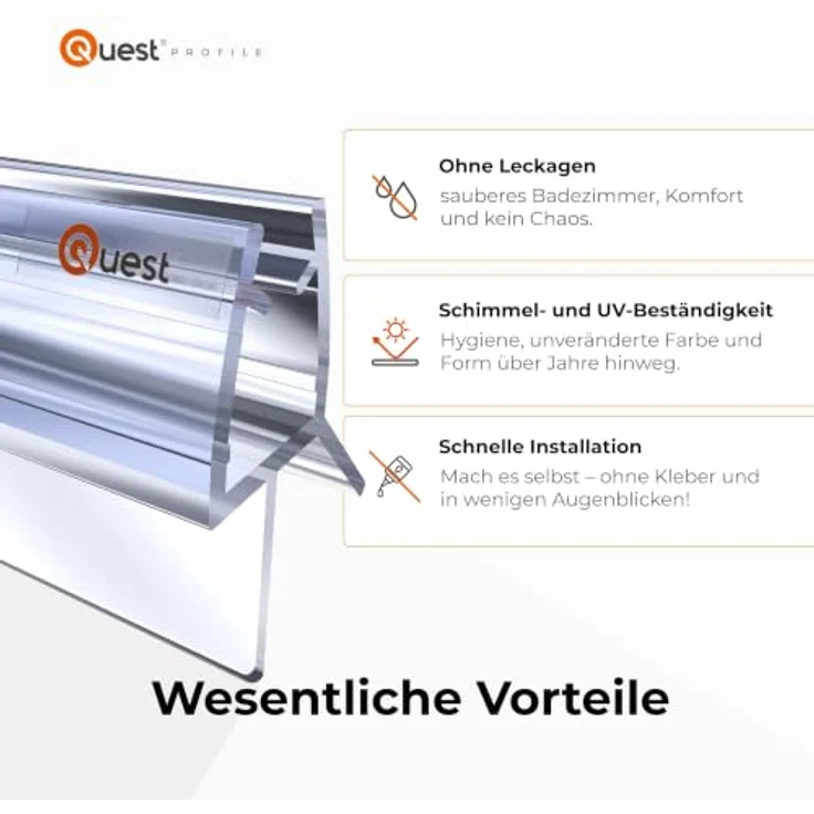Quest Duschdichtung unten 100 cm, für Glas 6-8 mm, klar, 2 Stück, Weich-PVC, einfache Montage – Bild 5