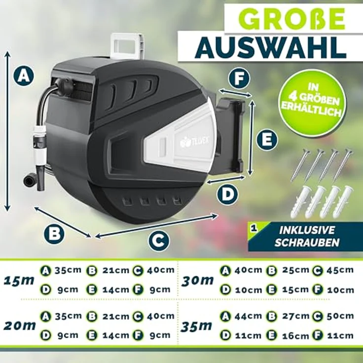 tillvex Schlauchtrommel mit Wandhalterung, 35m Gartenschlauch, 180° schwenkbar, Handbrause mit 9 Funktionen, Schwarz, mit Aufroll-Automatik – Bild 3