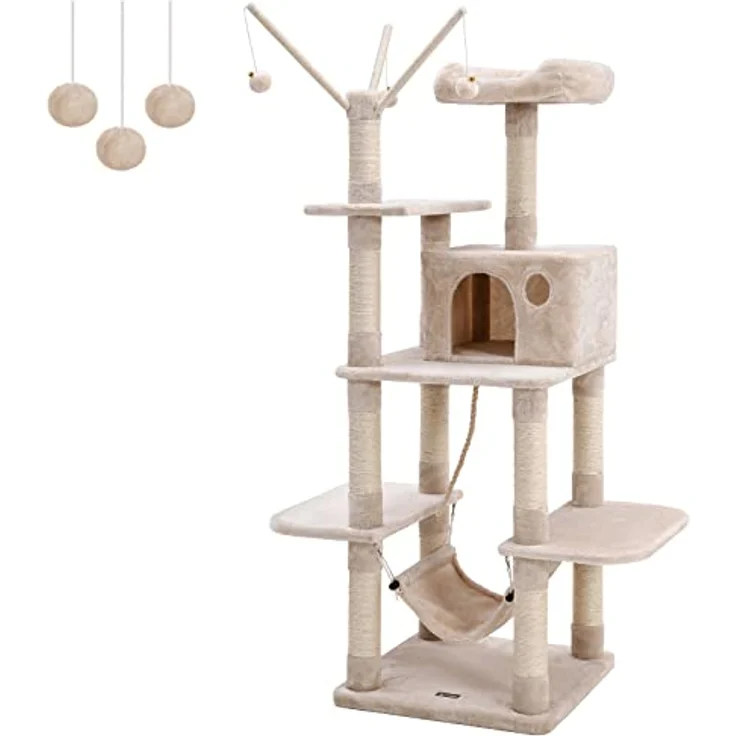 Feandrea XXL Kletterbaum mit Hängematte, Höhle, Spielsisal, 154 cm, Rauchgrau Beige Hellgrau PCT86M – Bild 1