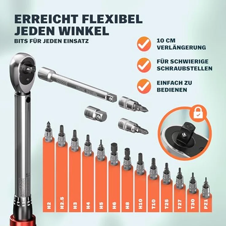 Monzana Drehmomentschlüssel (18 St), 1/4" 1-25 NM ±3% mit Verlängerung, Transportbox Fahrrad Motorrad Set – Bild 4
