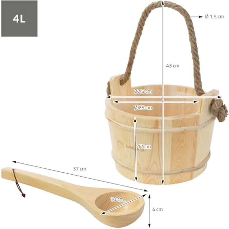 LuxeBath Saunazubehör-Set, 2-tlg. Aufgusskübel aus Kiefernholz mit PVC-Einsatz, 4L Saunaeimer mit Seilgriff & Schöpfkelle, langlebiges Wassereimer Zubehör – Bild 5