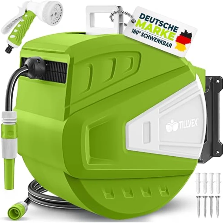 tillvex Schlauchtrommel Wasser mit Wandhalterung, 35m Gartenschlauch, 180° schwenkbar, Handbrause mit 9 Funktionen, Aufroll-Automatik, grün – Bild 1