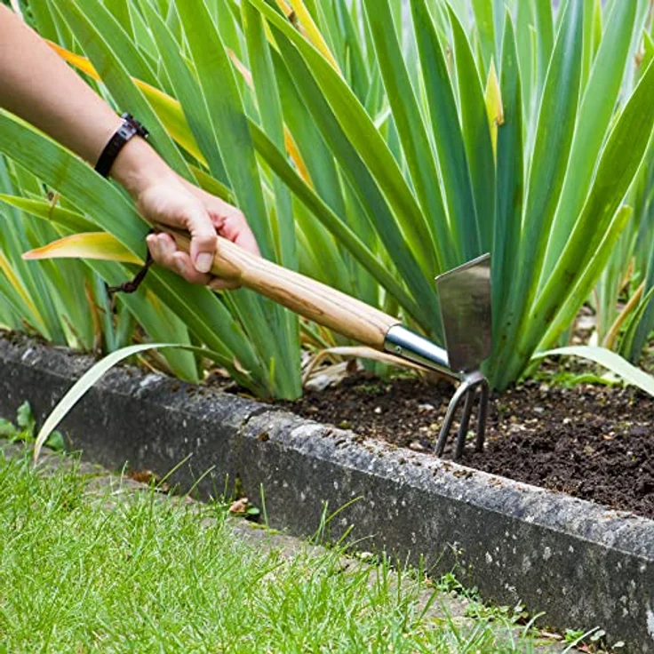 Kent & Stowe Doppelhacke – Gartenhacke aus Edelstahl, zum Belüften von Böden, Unkrautjäter mit Stiel aus Eschenholz, Länge: 37 cm – Bild 3
