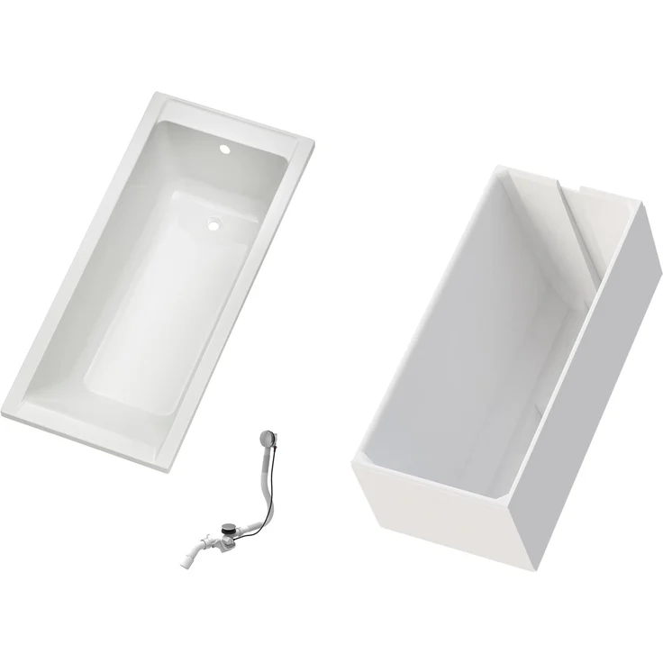 Ottofond Körperformwanne-Set, 160 cm x 70 cm, Badewanne aus volldurchgefärbtem Sanitäracryl, Weiß mit Hartschaum-Wannenträger und Ab- und Überlaufgarnitur in Chrom