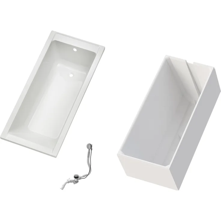 Ottofond Körperformwanne-Set, 160 cm x 70 cm, Badewanne aus volldurchgefärbtem Sanitäracryl, Weiß mit Hartschaum-Wannenträger und Ab- und Überlaufgarnitur in Chrom