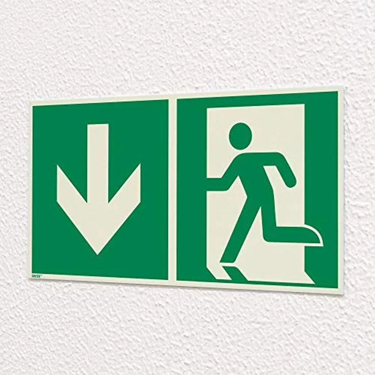 Notausgang abwärts, Hart-PVC, langnachleuchtend, 300 x 150 mm gemäß ASR A1.3 / ISO 7010 E001, Rettungszeichen Schild, 30 x 15 cm – Bild 3