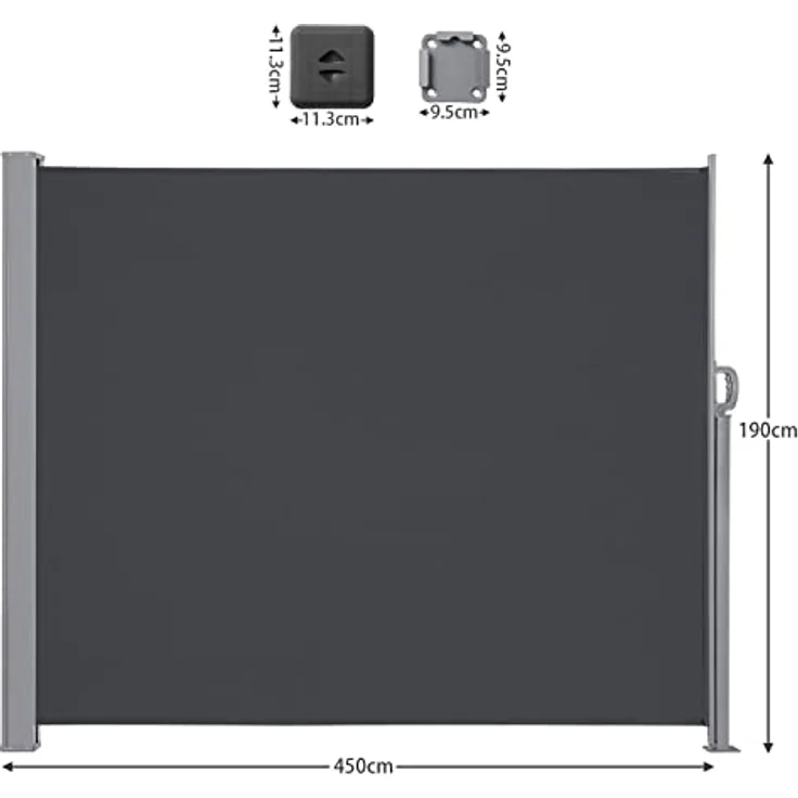 LARMNEE Seitenmarkise, ausziehbar 190 x 450 cm, rostbeständig, Wind- und Sonnenschutz, blickdicht, für Balkon, Terrasse, Garten, Anthrazit EBK1945TBP02 – Bild 2