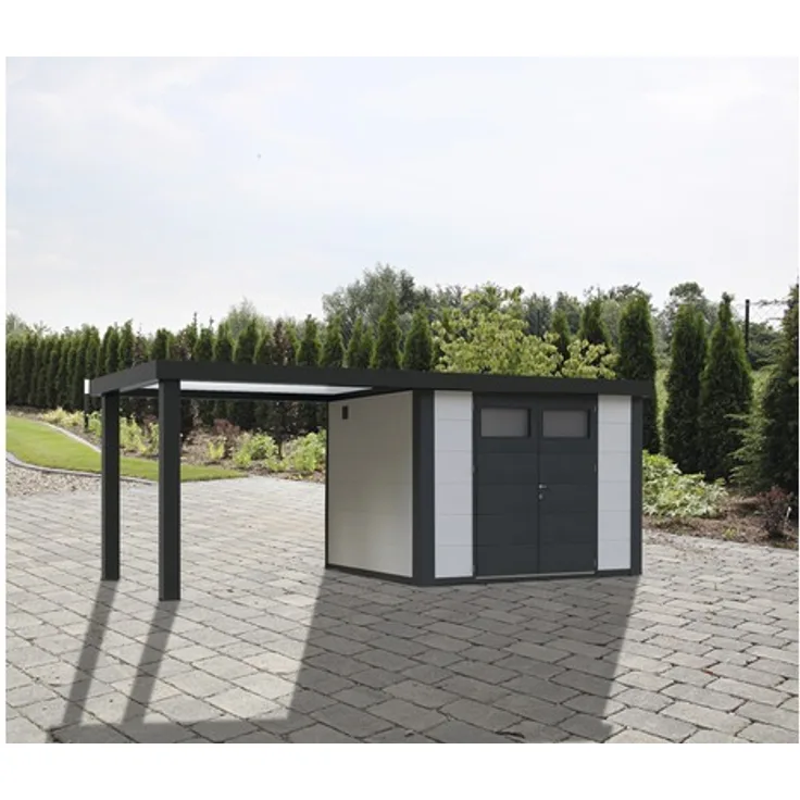 Telluria Gartenhaus Classico 2724, Gerätehaus mit Regenrinne und Seitendach links, 572 x 259 cm, weiß