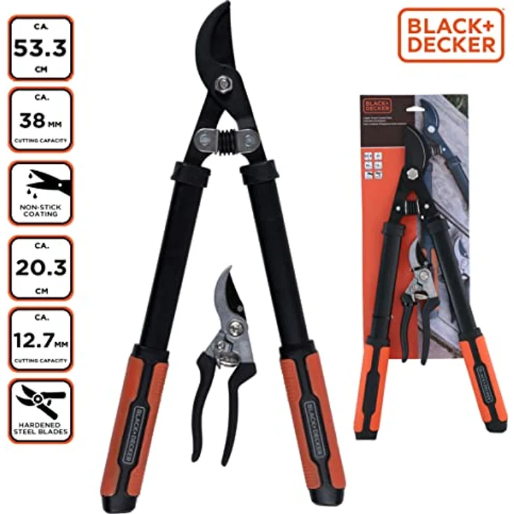 BLACK+DECKER Astscheren - 2 Stück - Astschere 53,3 CM - Gartenschere 20,3 CM - Schwarz/Orange – Bild 4
