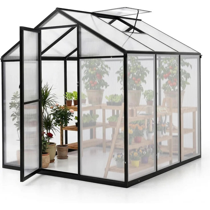 Sekey Gewächshaus Aluminium Treibhaus mit Schiebetür, wetterfest, 185x185x195 cm, UV-stabil mit Hohlkammerplatten in schwarz