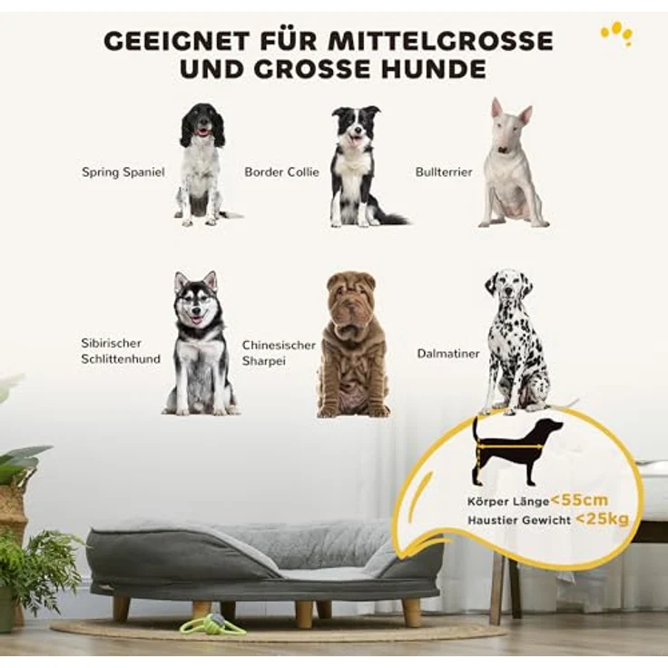 PawHut Hundesofa Hundecouch, Waschbarer Bezug, mit Holzbeinen, für mittelgroße Hunde unter 25 kg, Grau – Bild 3