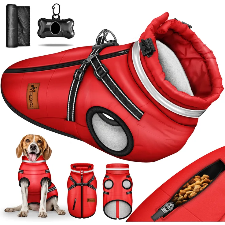 TRESKO Hundejacke Winter mit Reflektoren und inkl. 15 Stück Kotbeutel, + Spender Hunderegenmantel wasserdicht Hundemantel mit Geschirr Weste, grau