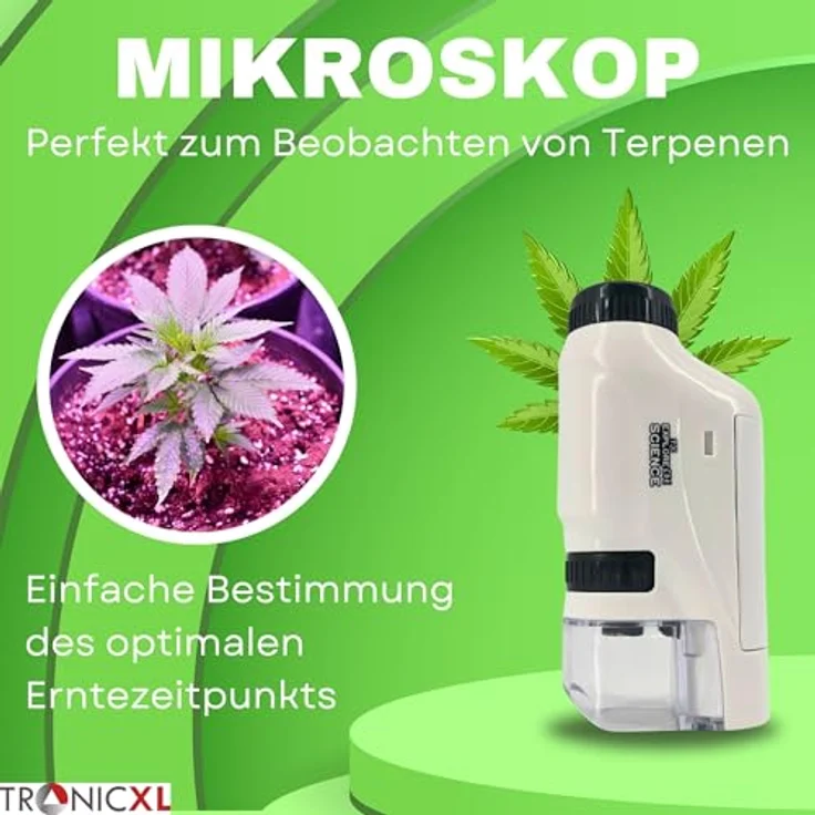 TronicXL Gartenschere Grow Ernte Set Mikroskop mit LED Ernteschere Akkus | 60-120x Vergrößerung, kompaktes Design, LED, wiederverwendbar | Grün – Bild 3