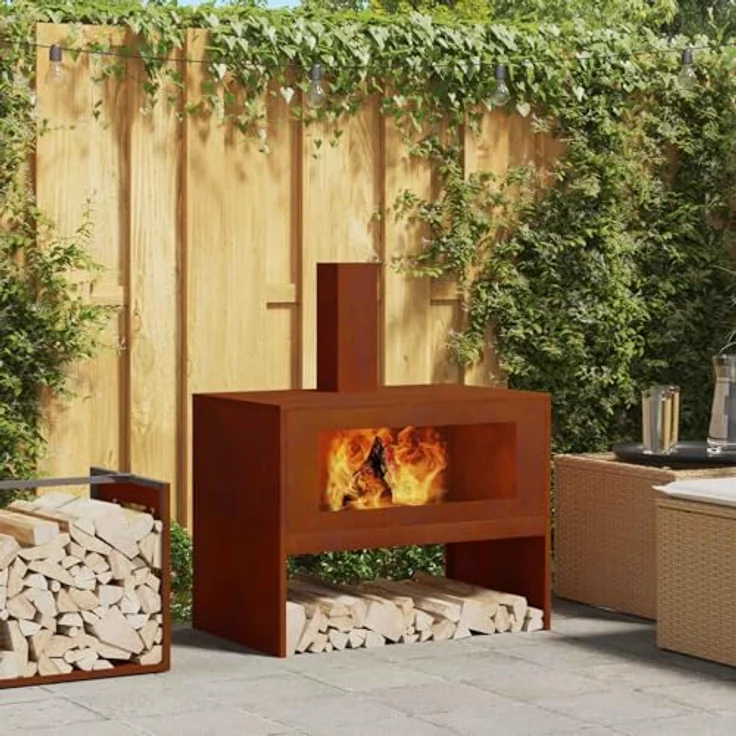 vidaXL Feuerstelle Braun 80 x 50 x 96 cm, wetterfester Stahl, moderner Heizspot für Garten und Terrasse – Bild 2