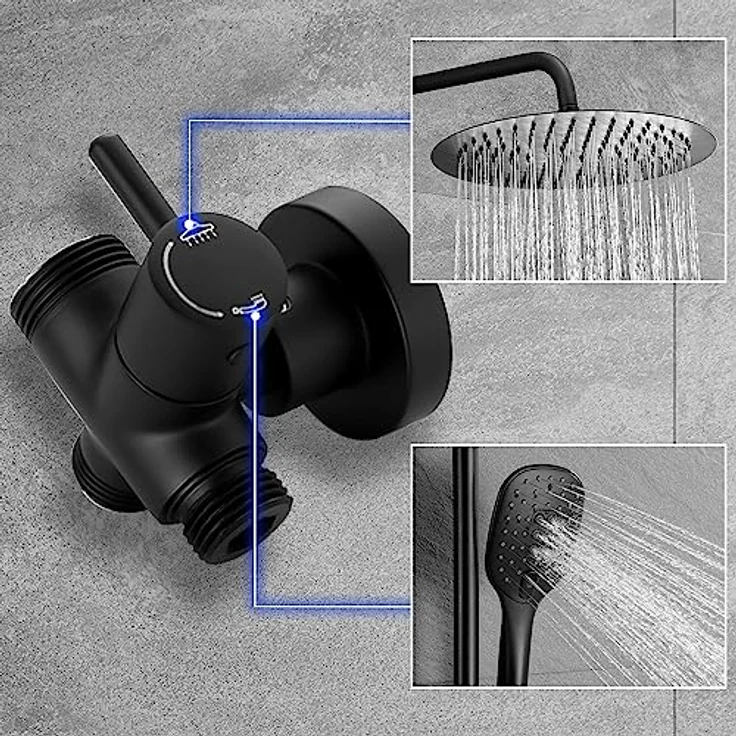 Görbach Regendusche Duschsystem, XL Rund 25 cm, Schwarz, Edelstahl mit 3 Strahlarten und höhenverstellbarer Duschstange – Bild 4