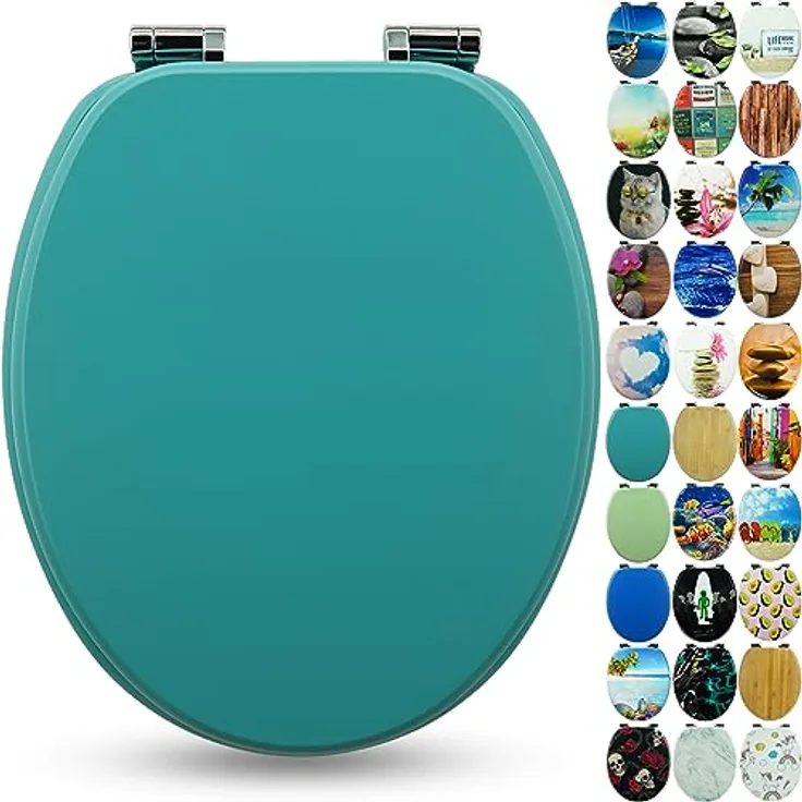 Sanfino WC Sitz Mars Green, Toilettendeckel aus Holz mit Absenkautomatik und verchromten Metallscharnieren, 43,5 x 37,5 cm