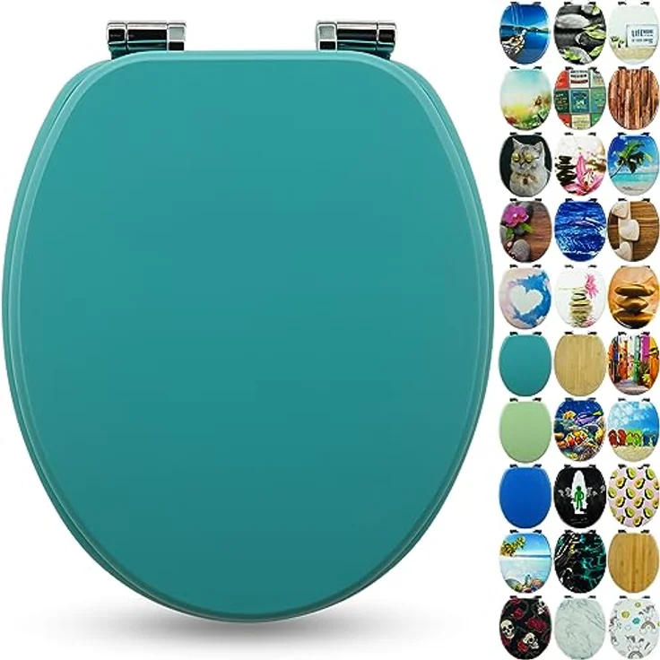 Sanfino WC Sitz Mars Green, Toilettendeckel aus Holz mit Absenkautomatik und verchromten Metallscharnieren, 43,5 x 37,5 cm – Bild 1