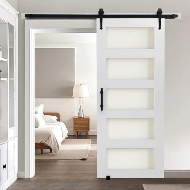 VEVOR Schiebetür im Scheunenstil, 914 x 2134 mm, MDF & Milchglas, wasserfeste PVC-Oberfläche, H-Rahmen für Badezimmer
