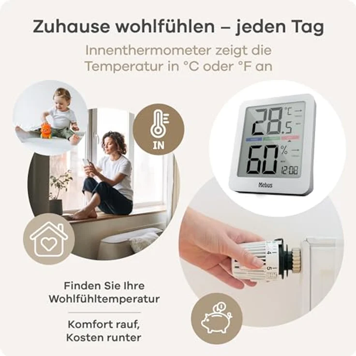 Mebus 40928 Thermo-Hygrometer, digitales Innen-Thermometer mit Uhrzeit, Min/Max-Funktion und Hintergrundbeleuchtung, weiß – Bild 4